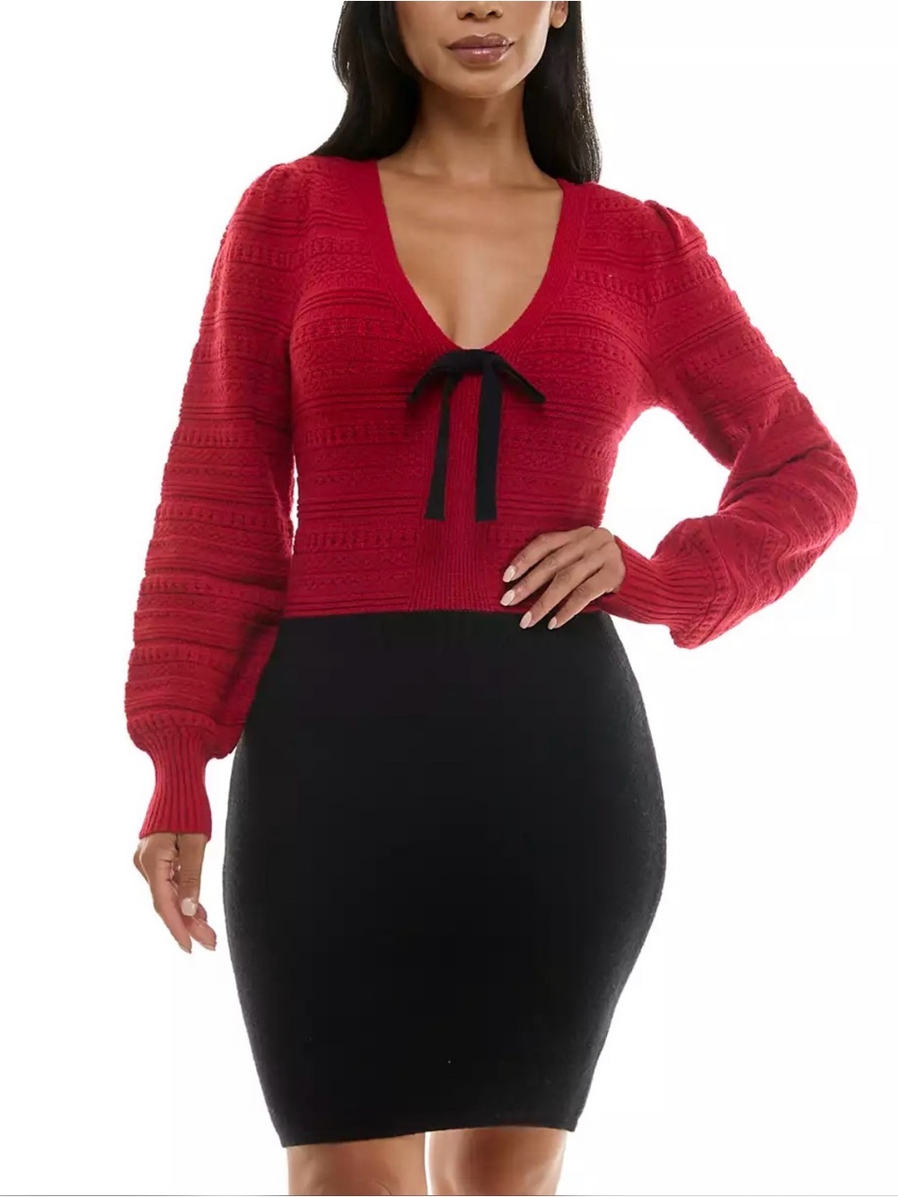 BCX Red V-Neck Knit Crop Sweater with Black Bow Sz M